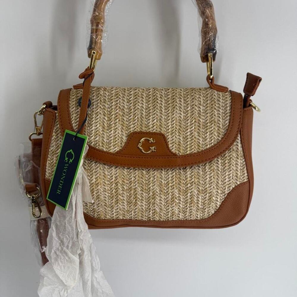 NWT Bamboo Handle Rattan Crossbody Purse Top Handle Handbag With Strap